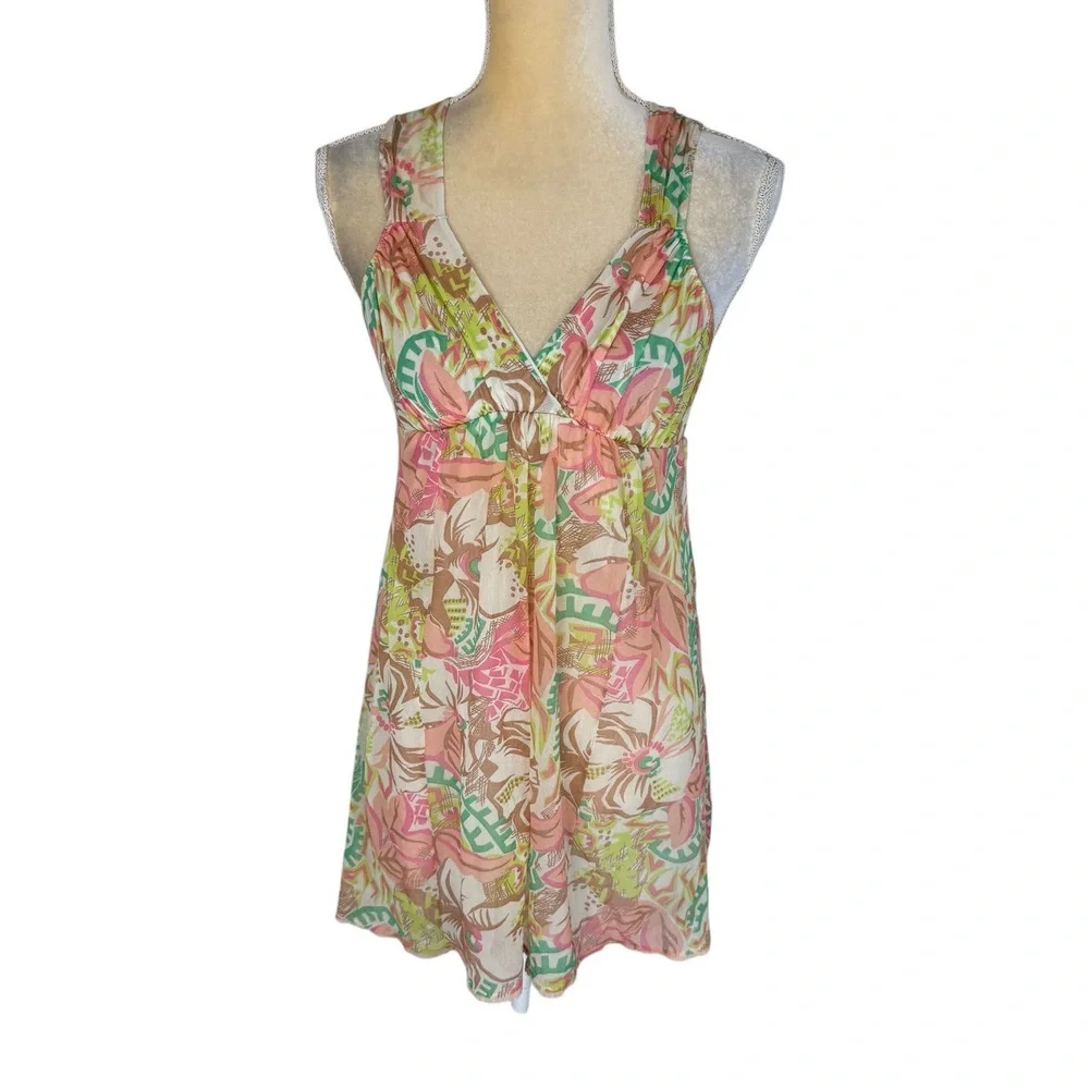 On Gossamer Multicolor Sheer Crisscross Halter Floral Mini‎ Dress Empire Waist S